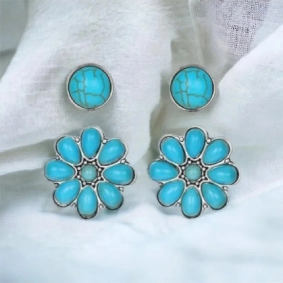 2 LEFT! Bohemian Turquoise Stone Flower Stud Earrings & Circle Stud Earrings - Picture 1 of 3